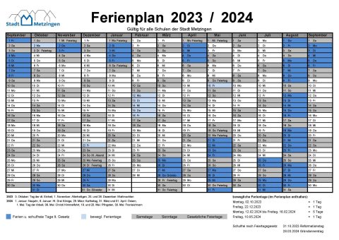 Ferienkalender Schuljahr 2023/24 Schulen der Stadt Metzingen