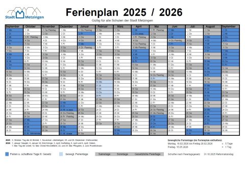 Ferienkalender Schuljahr 2025/26 Schulen der Stadt Metzingen